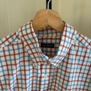 Fish Hippie Blue Red Plaid Cotton Stretch Button Down Shirt Men’s L Tailored Fit